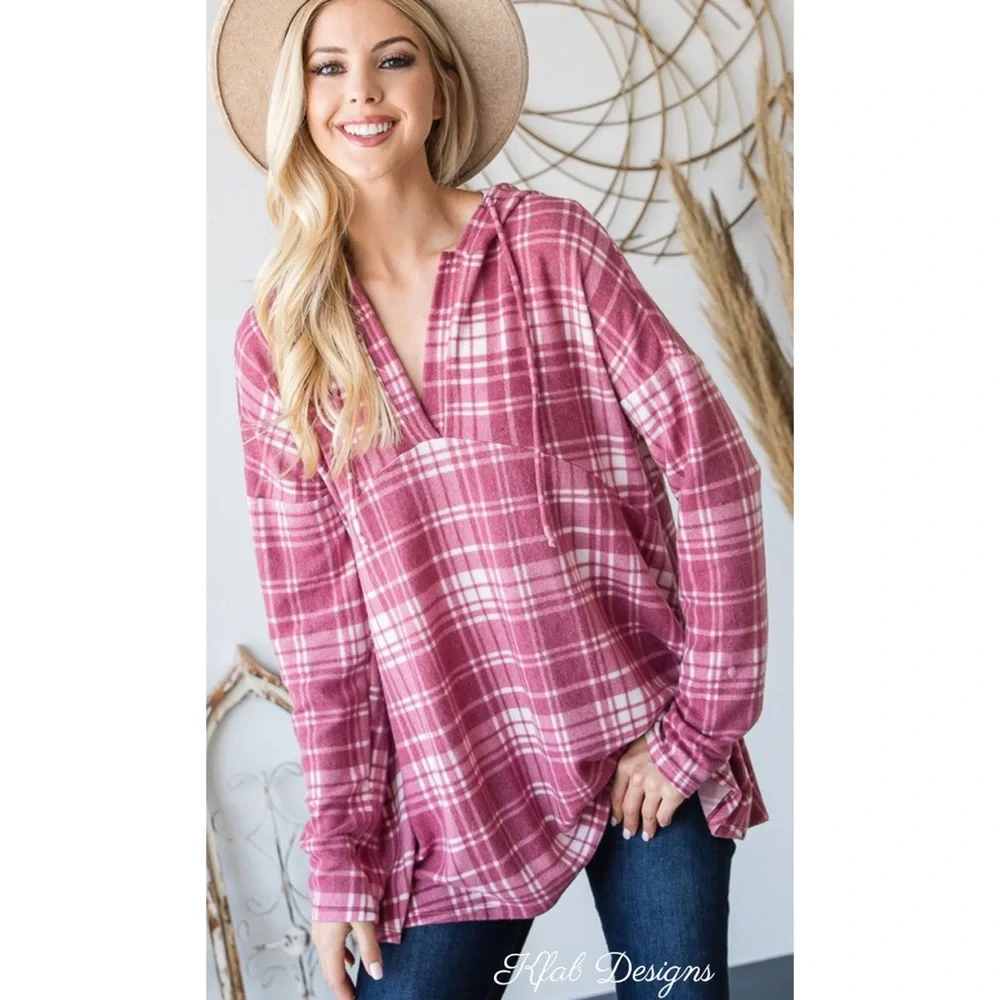 ❤️LAST 1! V Neck Soft Check Print Relaxed Fit Hoodie! - Picture 3 of 8